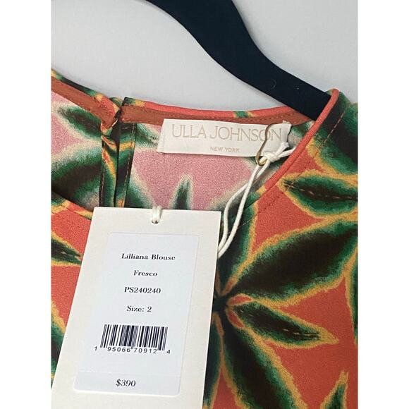 NWT Ulla Johnson Lilliana Crepe Blouse Fresco Orange Green Geometric Print Top 2 - Picture 7 of 8